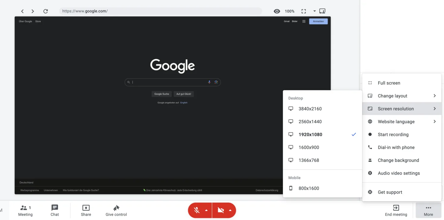 Virtual browser More menu with the Screen resolution submenu showing available desktop and mobile sizes