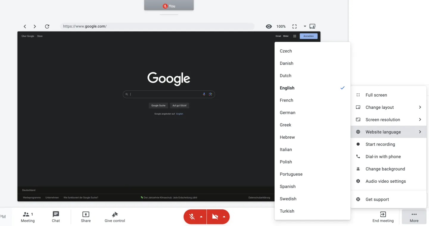 Virtual browser More menu with the Website language submenu set to English