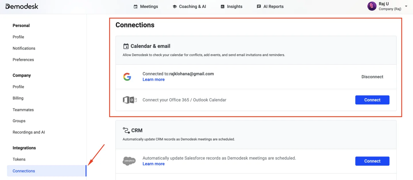Connections settings page highlighting the Calendar and email section with Google Calendar connected
