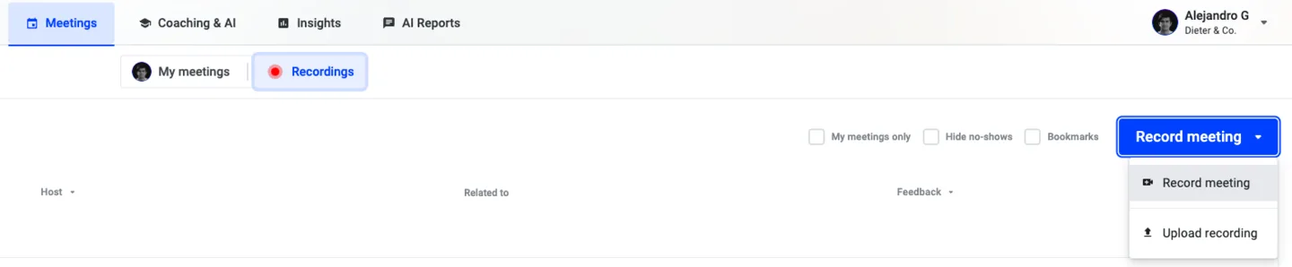 Recordings tab with the Record meeting dropdown open, showing Record meeting and Upload recording options