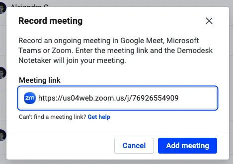 Record meeting dialog with a Zoom meeting link pasted into the Meeting link field