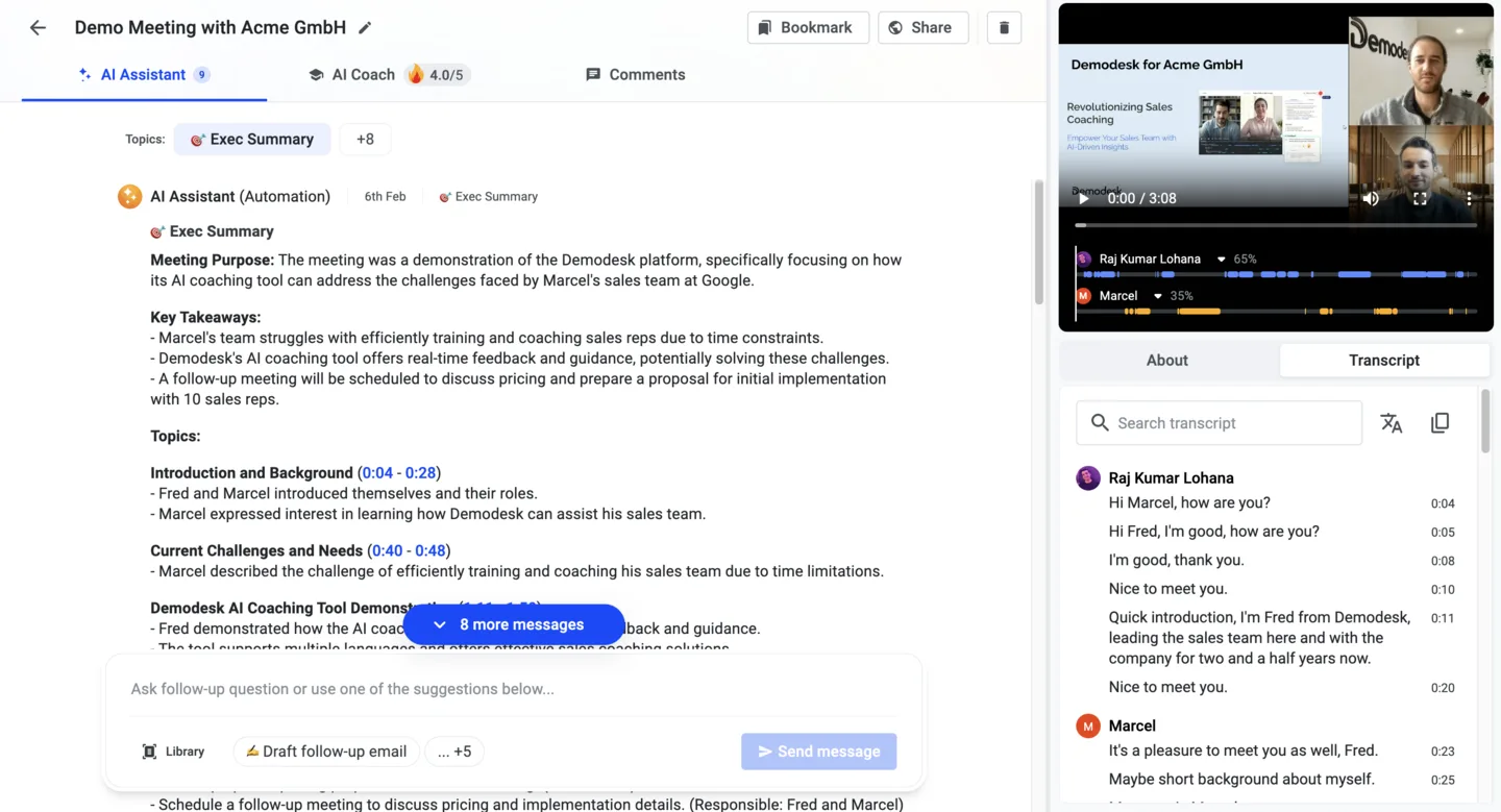 Recording page showing the AI Assistant summary alongside the video and transcript panel